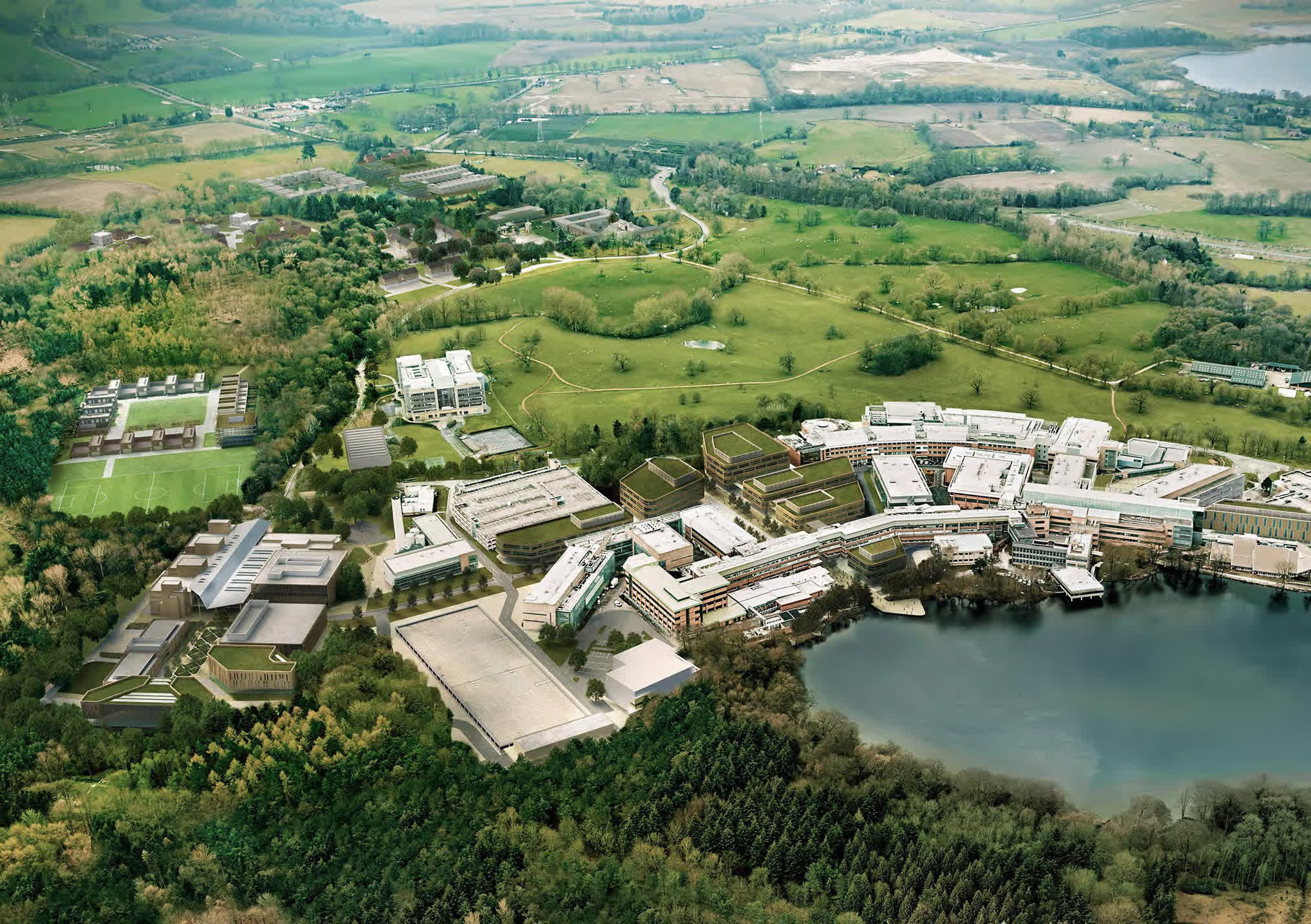 A computergenerated design of a refurbished block of flats amongst a forest.